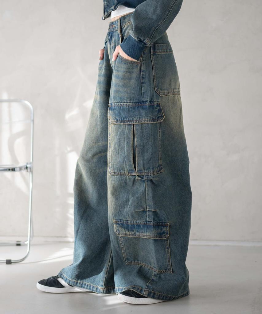 WEGO Vintage Wash Baggy Cargo Korean Dance Size Denim Pants, Wide-Leg Pants, Trousers, Bottoms, Streetwear, Casual, Style, Wear, Spring, Summer,