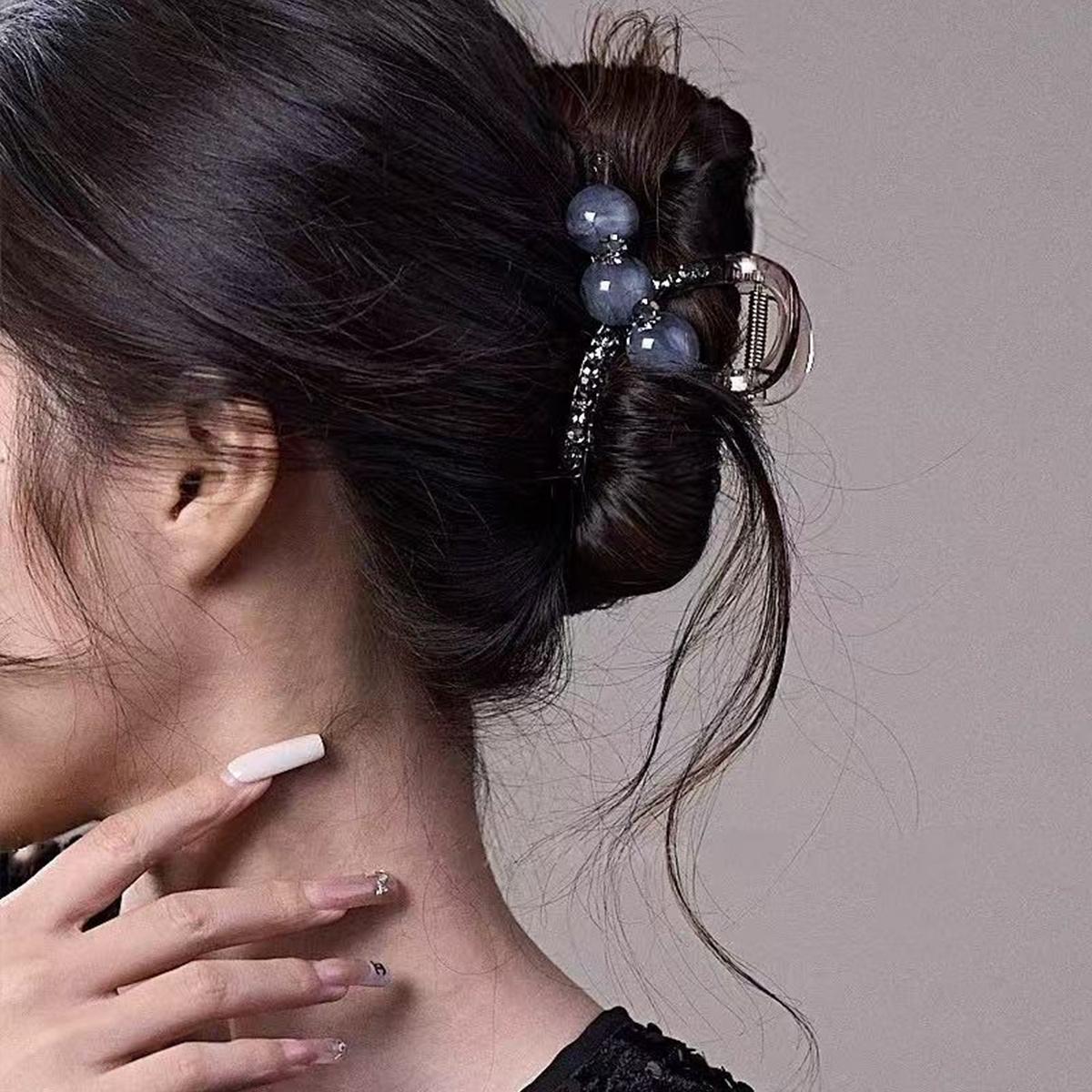 

1Pc Elegant Gradient Rhinestone Bead Grab Clip Medium Shark Clip Hairpin, New Back Of Head Updo Half Tie Hairpin синий