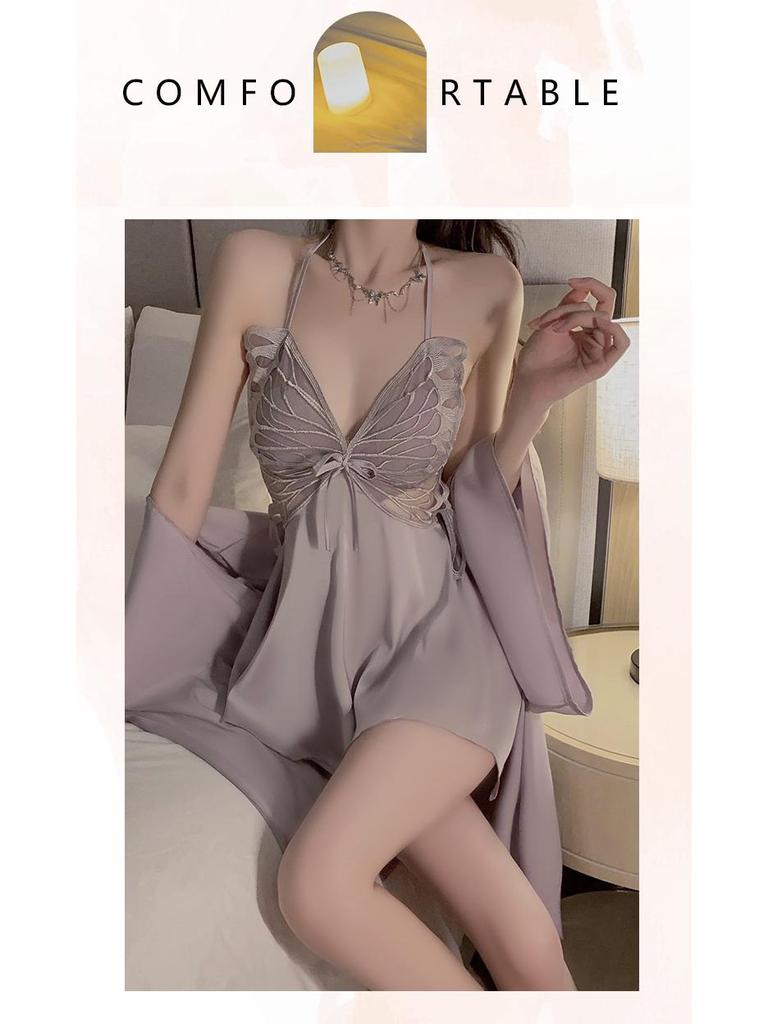 Butterfly Halterneck Ice Silk Lingerie Set with Sleeveless Nightgown and Sexy Back Detail.