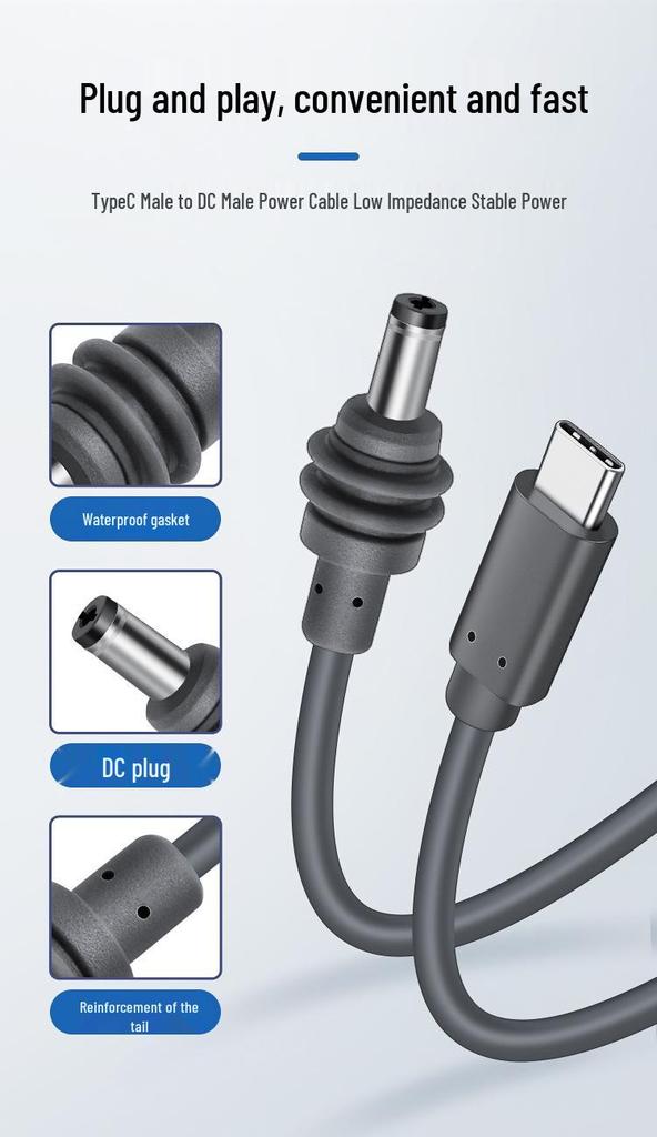 Gray Waterproof MiniDC to Type-C Male-to-Male Power Charging Cable for Outdoor Use