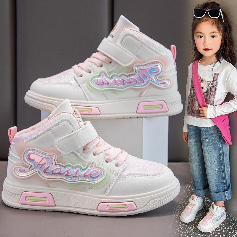 Girls' Sneakers Leather Spring and Autumn All-match Children's Mid-top Casual Soft-soled Running Shoes