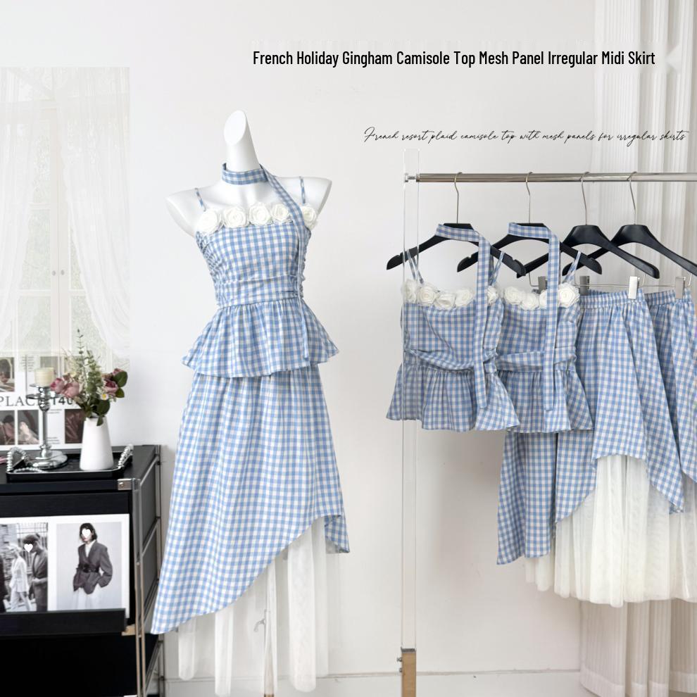 Women's Summer 2025 Floral Checkered Camisole & Irregular Midi Skirt Set