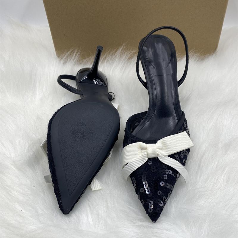 Fashion Fashion Black Sequined Mesh Bowknot Women Pumps Elegant Pointed Toe Office Lady High Heels Summer Sexy Slingbacks Sandals Shoes