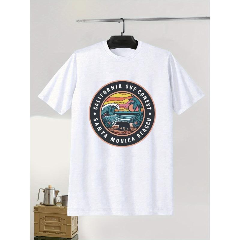 European Sizes California Surf Contest Graphic Tee for Men - Plus Size,Casual Summer T-Shirt with Crew Neck