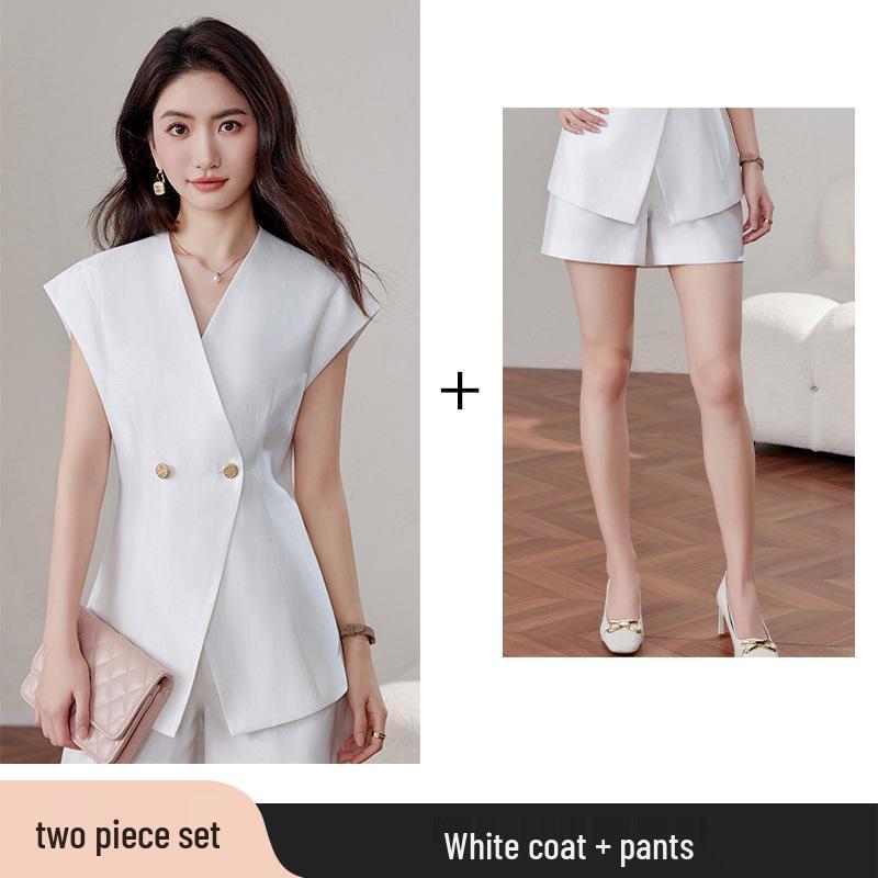 2025 Summer High-End Sleeveless Suit Jacket with Shorts – Goddess Petite OL Style