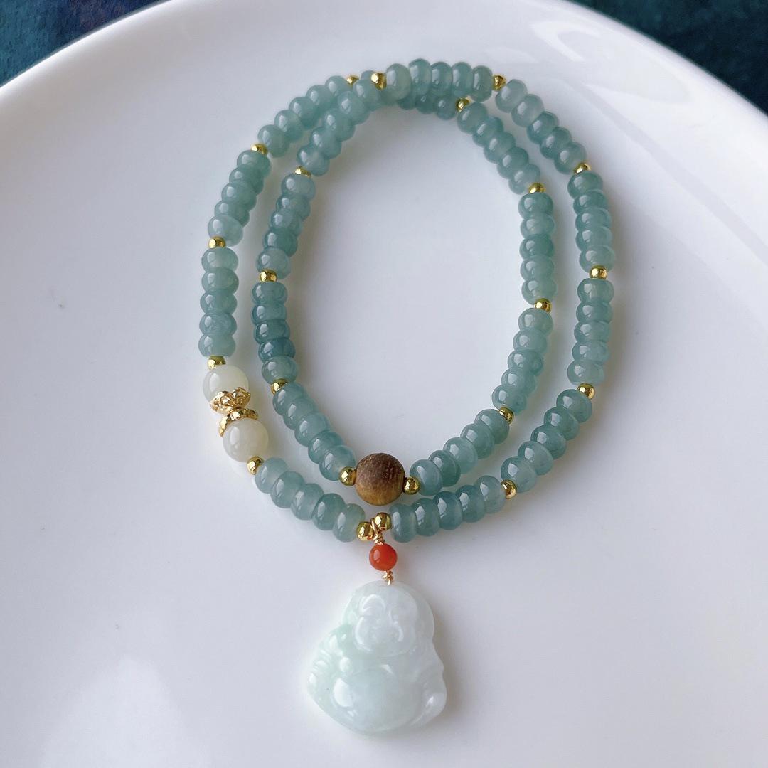 Natural A-Grade Ice Jade Blue Water Bracelet with Inlaid Leaves and 925 Silver, Beaded Abacus Design, New Chinese Style.