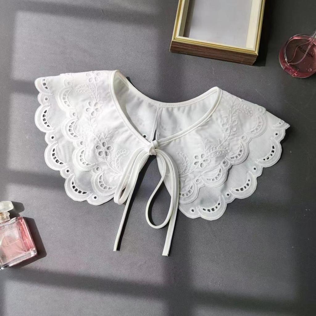 Women's White Embroidered Fake Collar, Double Layered Doll Neck, Fashionable Decorative Shawl with Shoulder Straps