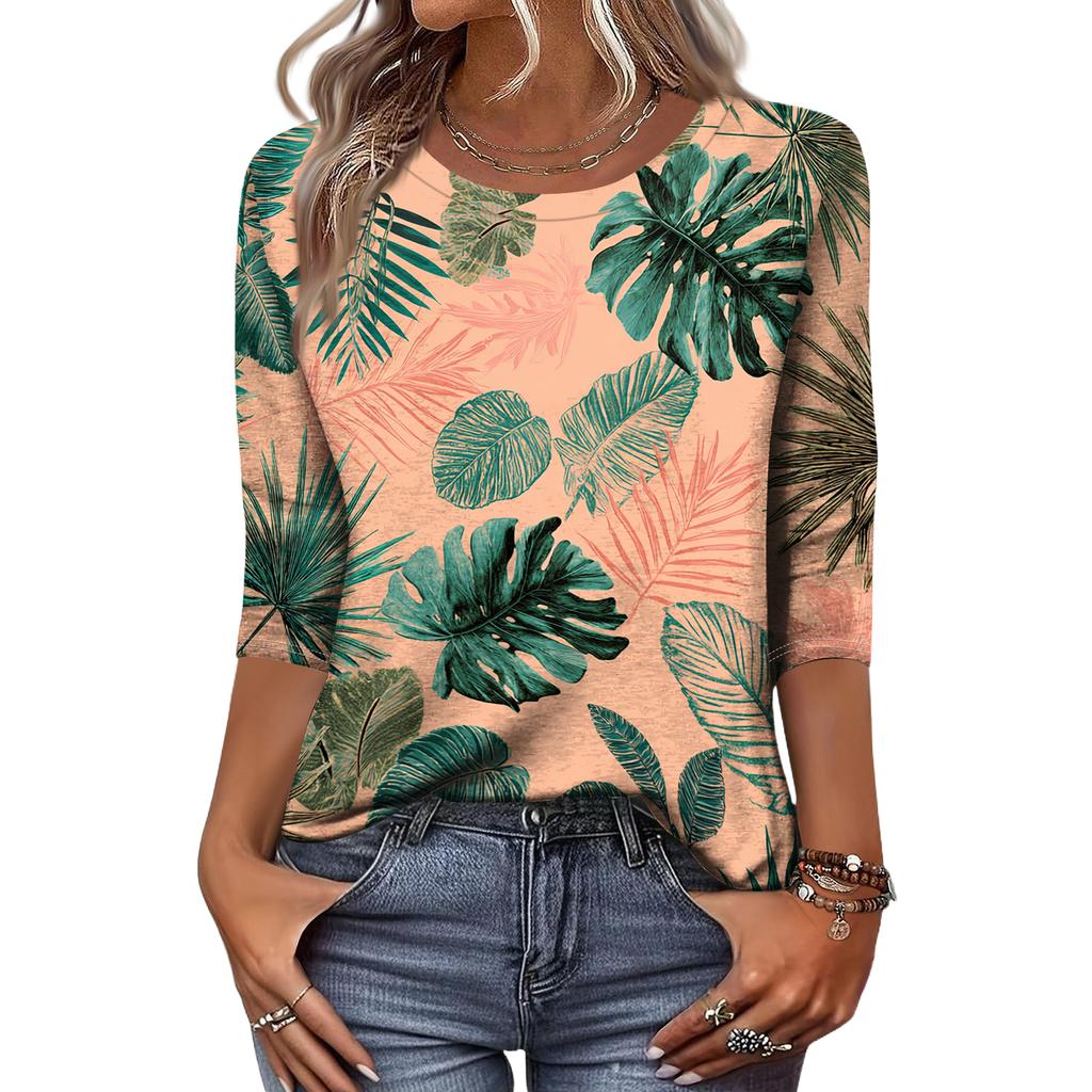 Women's Fashionable Casual Round Neck Three-quarter Sleeve Hawaiian Print T-shirt Top