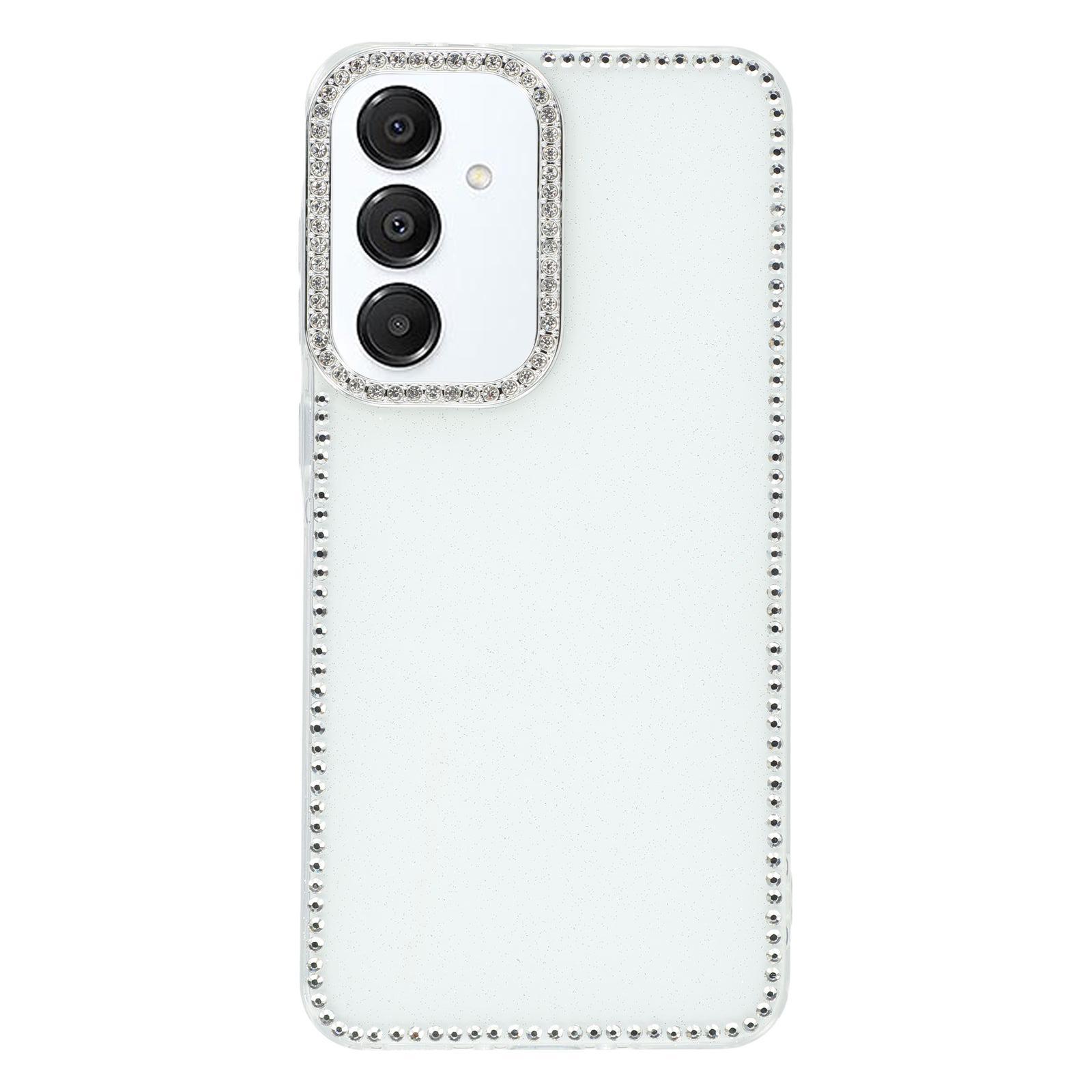 

For Samsung Galaxy A35 5G Case Rhinestone Edge Glitter Back TPU+PC IMD Phone Cover Glitter White