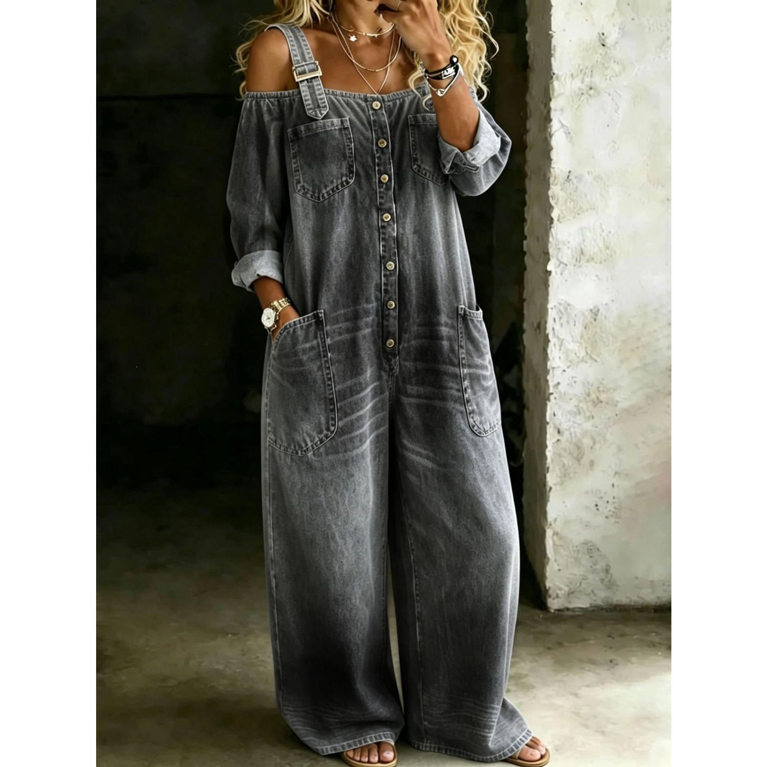 Damen schulterfrei Knopfleiste Denim Jumpsuit Lockerer Sitz Freizeit Weitbeiniger Overall mit Taschen XL graue
