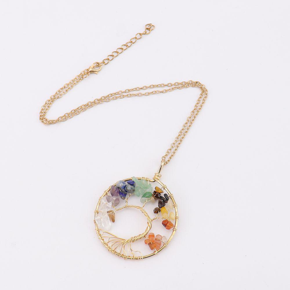 7-Color Natural Stone Money Tree Pendant Necklace - Handmade Wire-Wrapped Crystal Gravel Life Tree Ornament (N02)