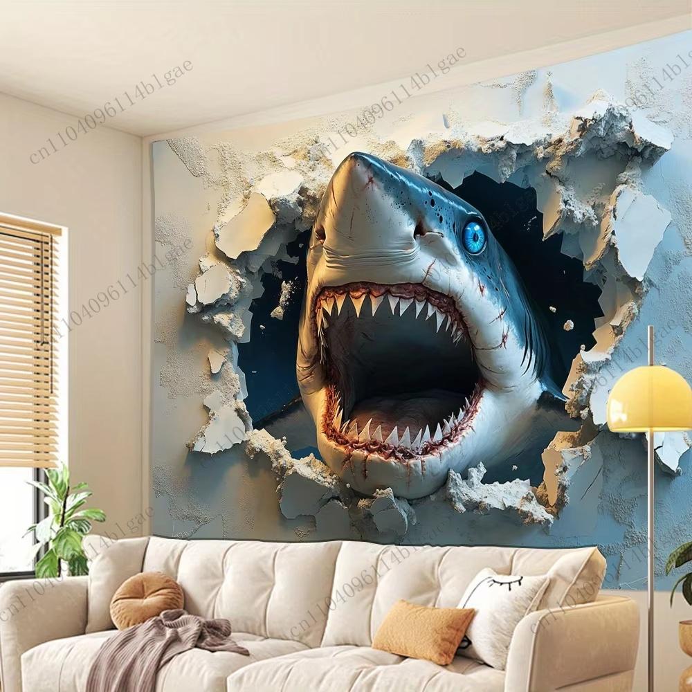 Shark Head Wall Tapestry Dynamic Shark Themed Tapestry Unique Home Decoration Thrilling Living Room Tapestry Photo Backdrop