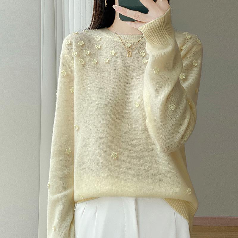 2025 Autumn/Winter Women's Pure Wool Embroidered Round Neck Knitwear Sweater: Long Sleeve, Loose Fit