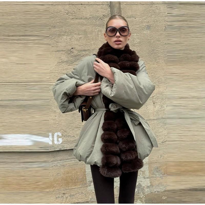 Womens Long Wool Blend Coat With Real Fox Fur Trim V-Neck Belted Outerwear Winter Fashion