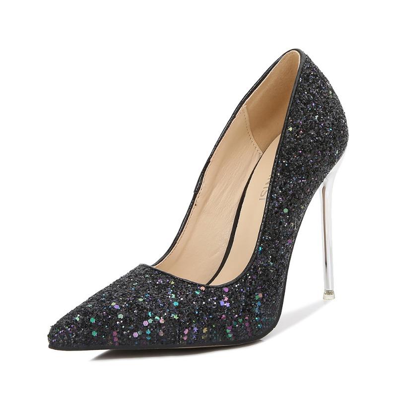 Melness style fashion sexy nightclub metal stiletto high heels shallow mouth pointed sequins single shoes