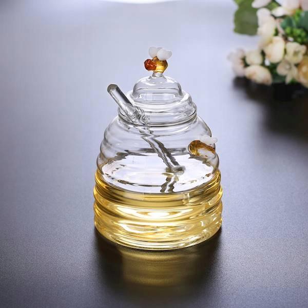 Glass Honey Container With Honey Spoon And Microwave Amber Bees