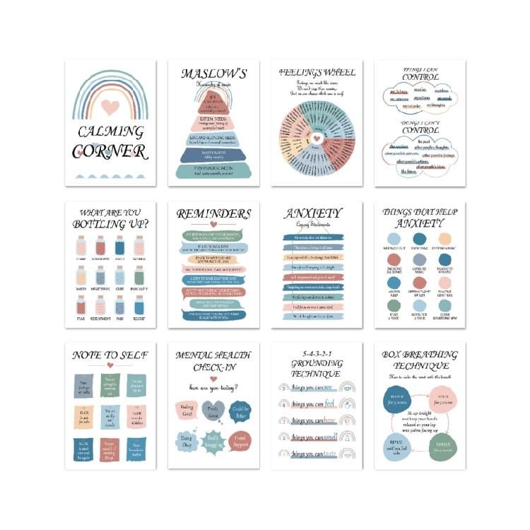 12 Sheets Classroom Calming Corner Posters Mental Health Counseling Posters 10x14Inch For Office School Classroom