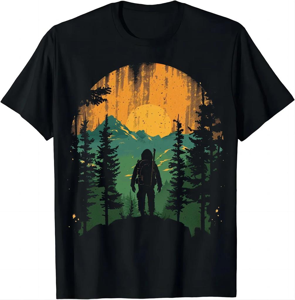 Retro-style Hiker T-shirt with Mountainous Print T Shirts Graphic T Shirts Mens Clothes Tops Camisas Streetwear Ropa Hombre