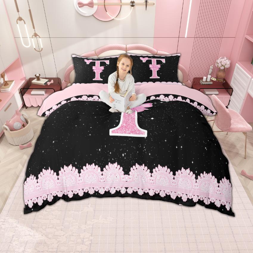 Homewish Personalized Initial M To Z Duvet Cover Set For Girl Black Pink Bedding Set Monogrammed Theme Bedroom Set Room Decor