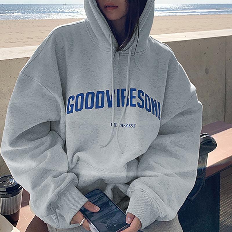 Herbst Fleece Hoodie Einfarbig Buchstaben Kapuze Koreanische Mode Sweatshirts Langarm Oberteil Kordelzug Taschen Locker Hoodies M gray