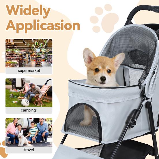4 Wheels Pet Stroller, Foldable Cat And Dog Stroller with Mesh Windows, Cup Holder, Storage Basket, Breathable Pet Strolling Cart Holds Up To 22lbs