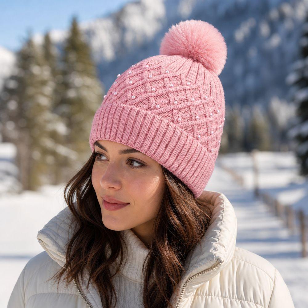 Plush Pompom Women's Knitted Beanie Hat Lightweight Winter Beanie Hat Gifts Pompom Beanie