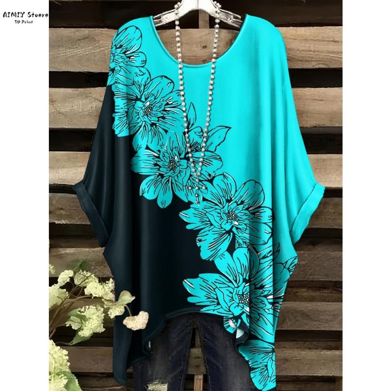 2025 Elegant Bohemian Women's T-shirt Flower Butterfly Bottom Round Neck Multi functional Summer Machine Washable