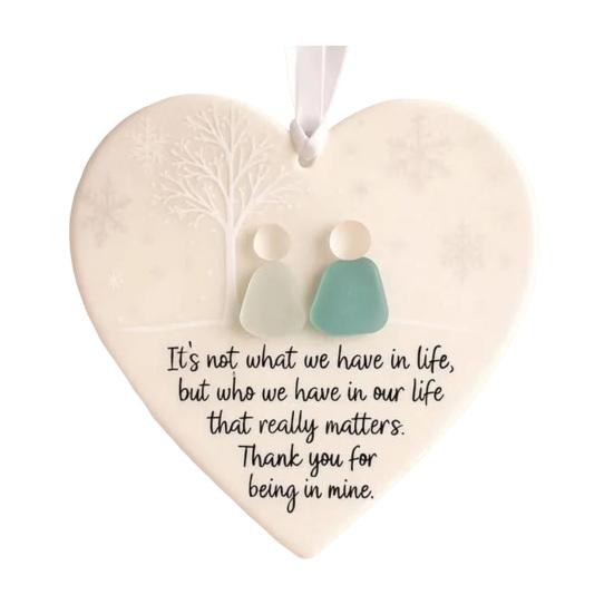 Heart-Shaped Sea Glass Friendship Decor Handmade Ceramics Heart Ornament for Christmas Tree Hanging Decor Sea Glass Art Friendship Keepsake
