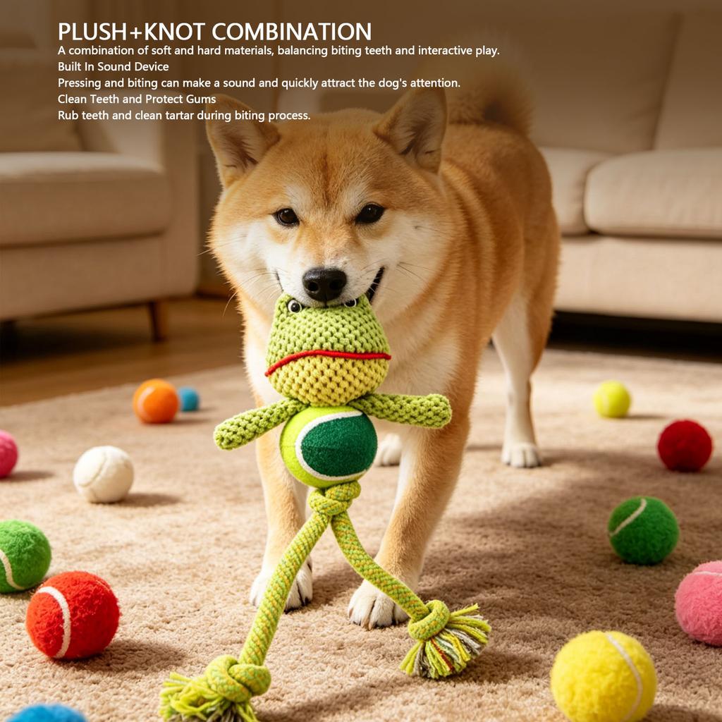 Puppy Teething Toy Green Frog Squeaky Plush Puppy Teeth Chewing Toy with Rope for Home 1PC