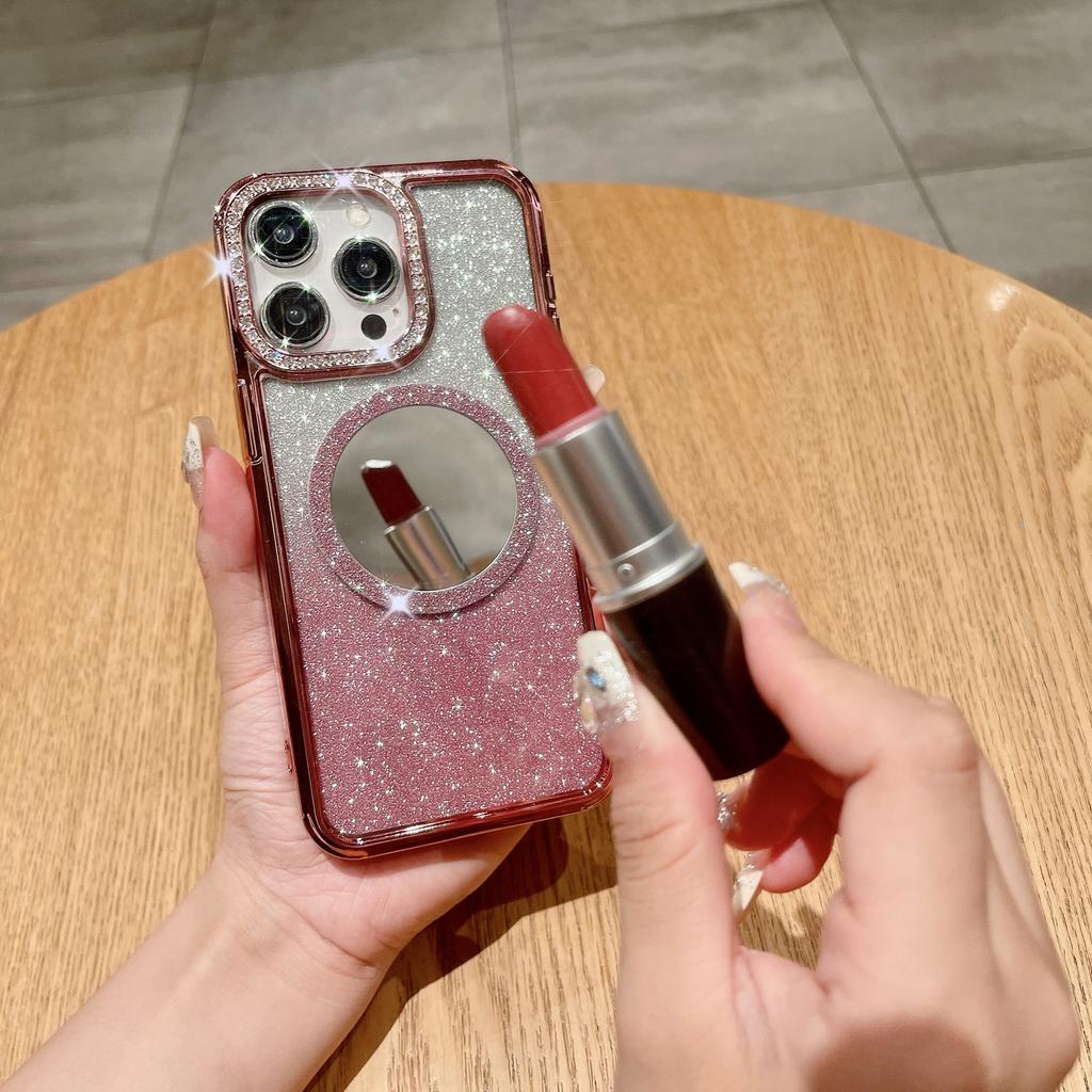 Luxurious Water Diamond Is Suitable for IPhone15 Phone Cases, Apple 14Promax Mirror Magnetic Attraction 13 Gradient Glitter Hard Case