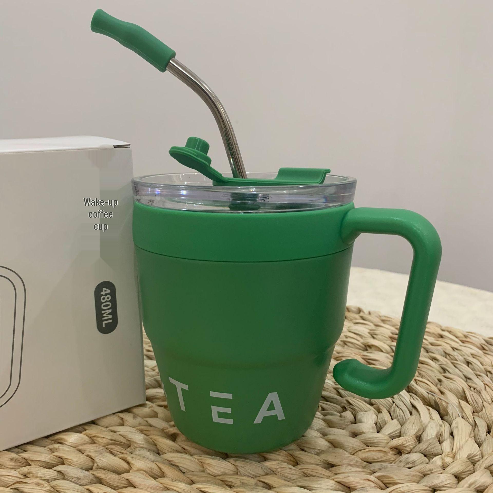 

Кружка для кофе из нержавеющей стали с ручкой и соломинкой - Простой и стильный дизайн для мужчин и женщин 480ml with Straw зелёный