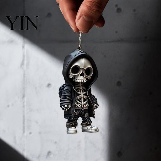 Lightweight Acrylic Car Decor 2Pcs Hoodie Skeleton Ornaments, 2D Flat Pendants, Gothic Backpack Pendant And Keychain Charm Style Hanging Ornaments for
