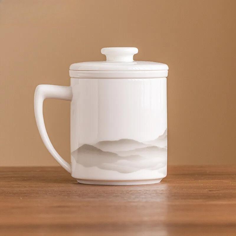 High-end Sheep Fat Jade Mug with Lid Tea and Water Separation Personal Cup Filter Tea Separator Mug Work Office Cup Drinkware