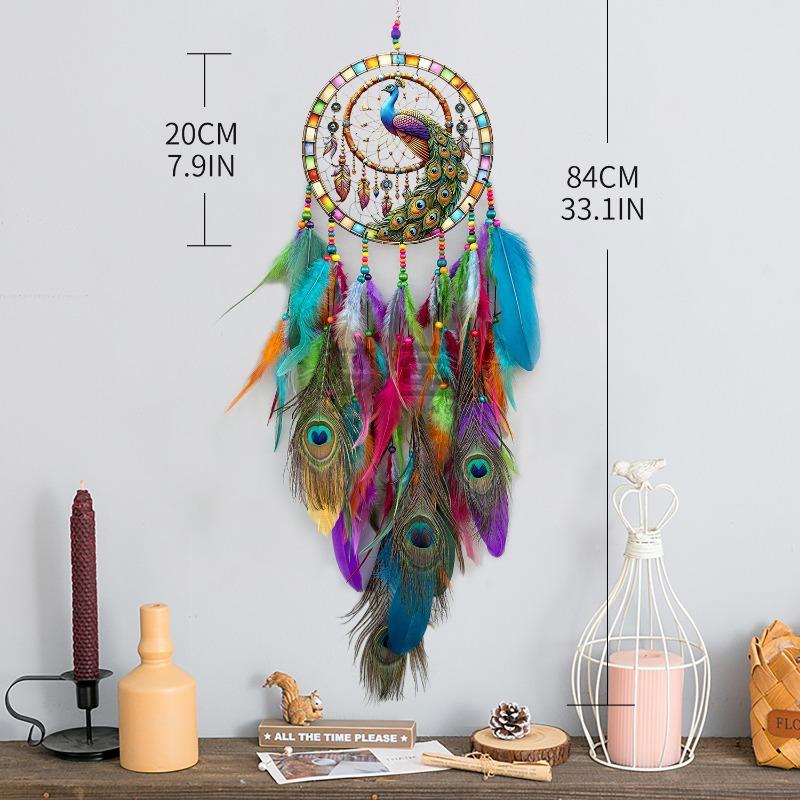 New Home Decor Hanging Ornament - Peacock Feather Acrylic Dreamcatcher with Life Tree Design Feather Wind Chime Metal Ring