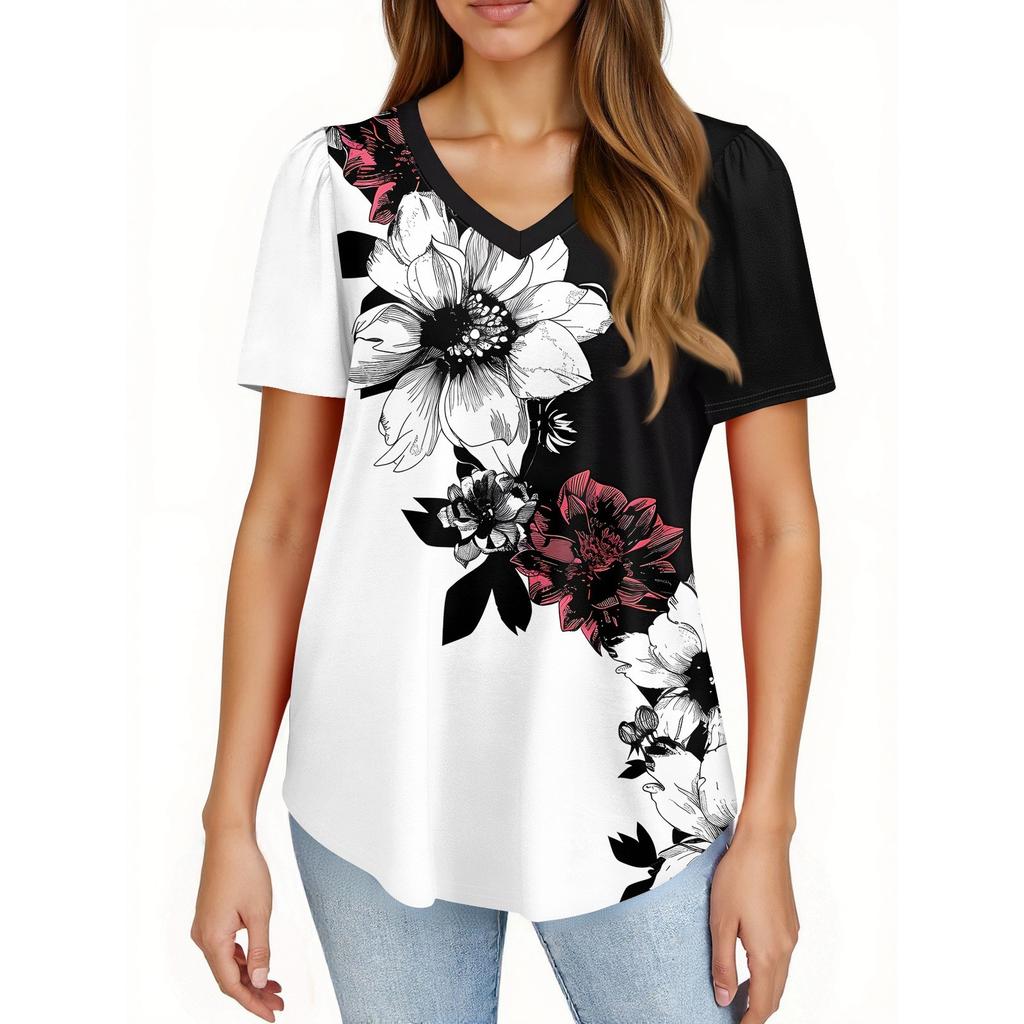 Women's Fashionable Casual Short Sleeve Print V-Neck Pullover Top