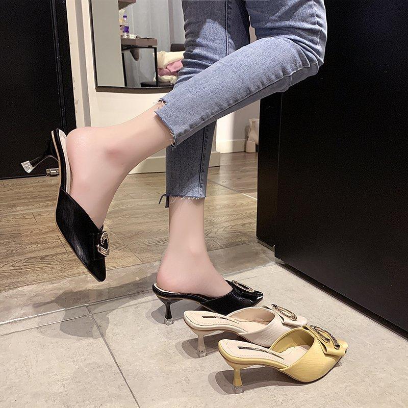 Mode Ny Stil Dam Damtofflor Mules Spetsig Tå Gummi Metallkedjor Yttersula Slides Skor Mode Casual Dam Höga Klackar