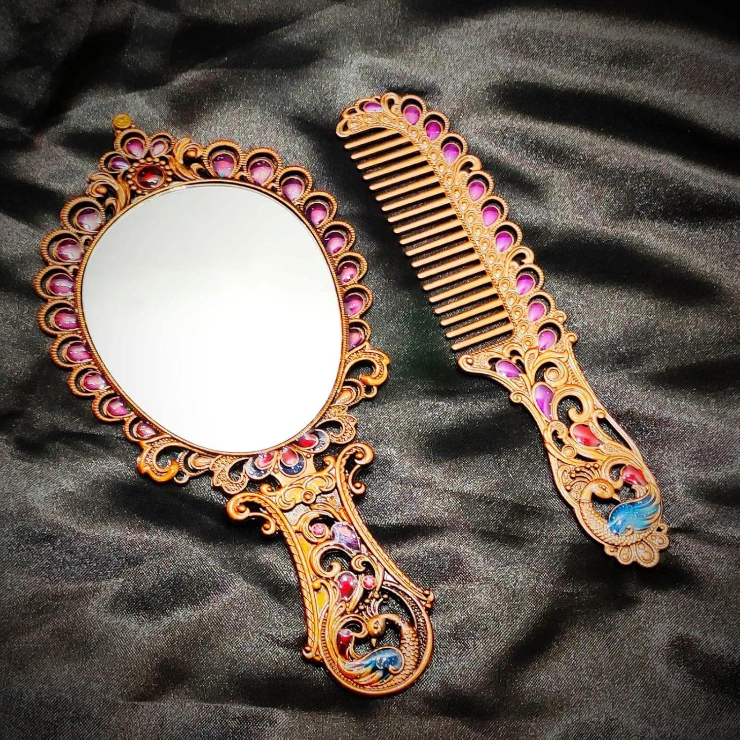 Antique Comb and Mirror Set - Compact Hand Mirror with Tabletop Mount - Round, Framed, Multicolour Handicraft