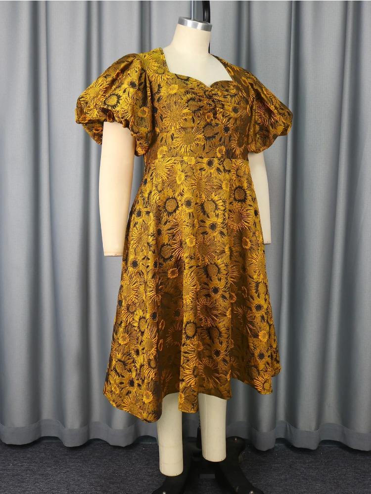 Plus Size Floral Jacquard Dress with Puff Sleeve Sweetheart Neck High Waist Perfect for Weddings Dinner Party Elegant Daytime Event