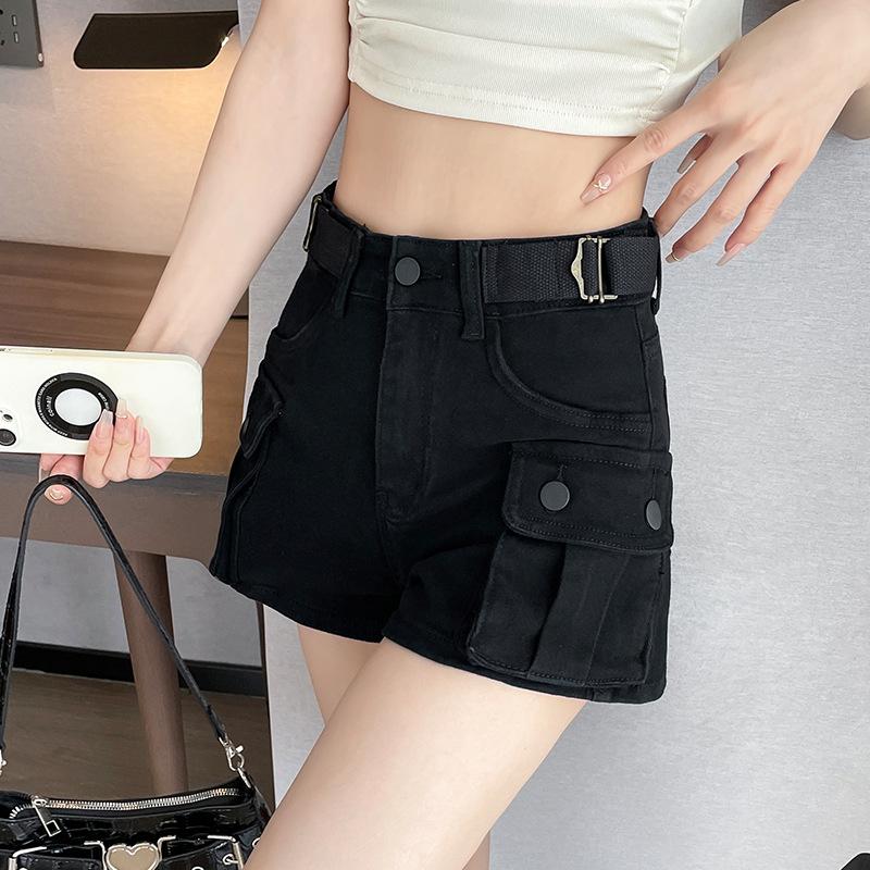 

Американский ретро ремень с украшением, высокая талия, большой карман, стильные шорты, длинные брюки цвета хаки, повседневные брюки, шорты XS чёрный