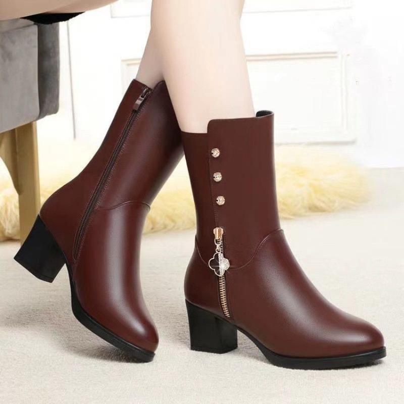 Bocanci Noi din Piele Moale pentru Femei cu Toc Mediu Matlasat și Lungime până la Mijlocul Gambei Pantofi din Bumbac pentru Femei