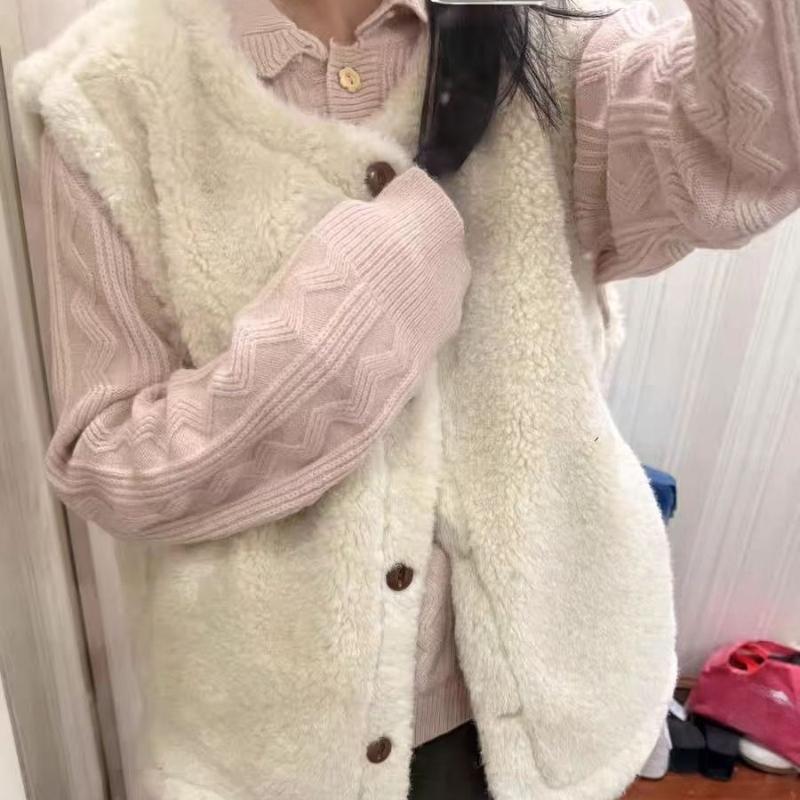 Damen Lammwolle Dicke Weste Koreanischer Stil Sanfte Damen Warmer Cardigan Herbst Schlicht und Vielseitig Damen Einreihige Oberteile