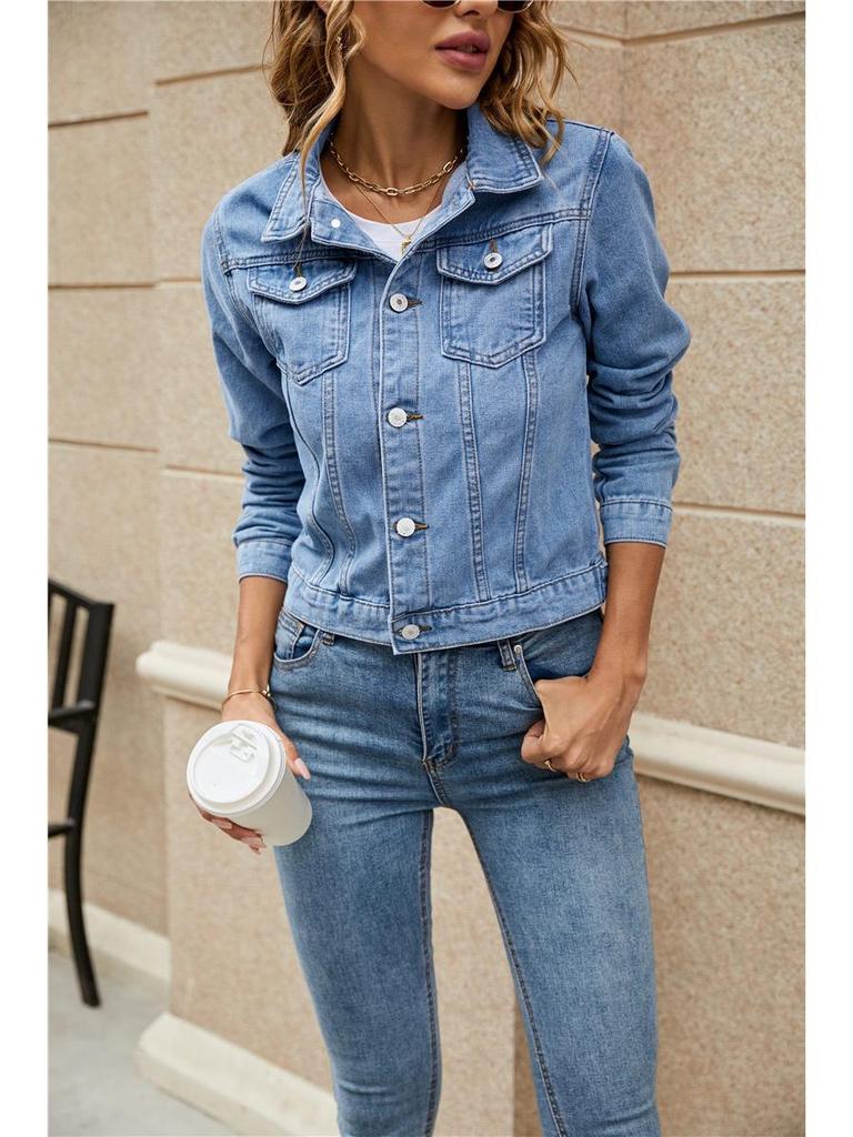 2025 Europäische & Amerikanische Grenzüberschreitende Mode Schlank geschnittene Damen Jeans Bomberjacke mit Umlegekragen & Taschen, Vielseitige einfarbige Oberbekleidung