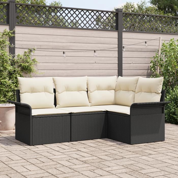 Ensemble de Canapés de Jardin de 4 Pièces avec Coussins en Rattan Poly Noir, Canapé de Jardin 2 Places avec Rangement & 3354006
