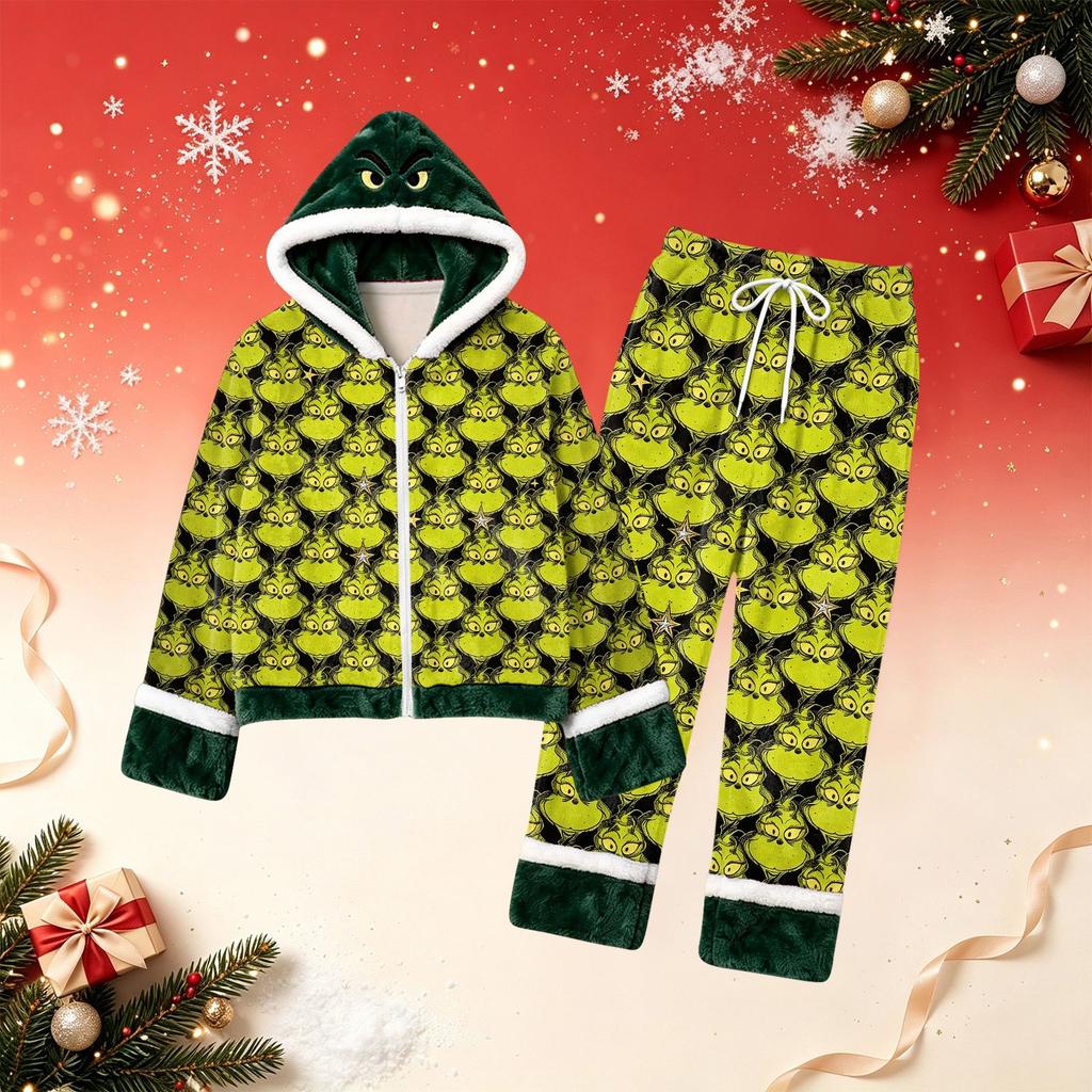 Women's Casual Loose Fit Christmas Print Lined Hooded Pajama Top and Pants Set