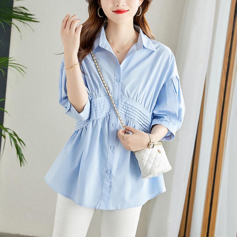 Seven-quarter-sleeved Summer Clothes Updated Relaxed Fit and Thin Pure Cotton Blouse