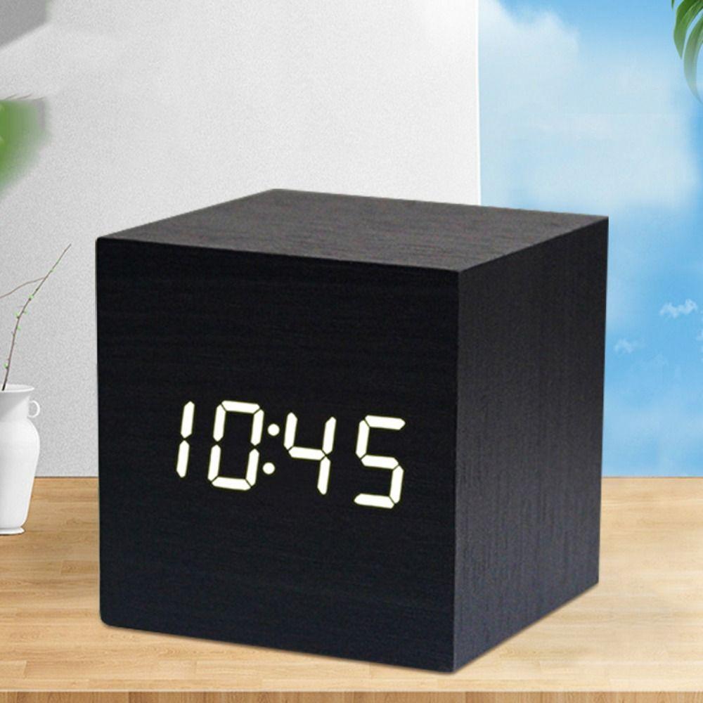 Square Digital LED Alarm Clock Wood Desk Clock Art Ornaments Glow Clock Bedside