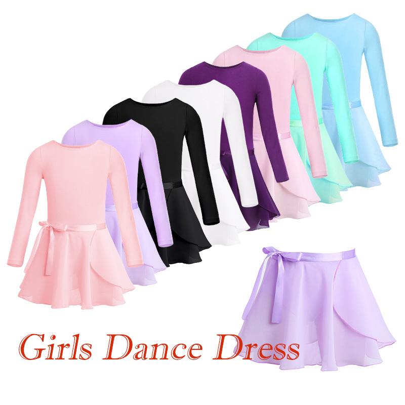 Kids Girls Cotton Long Sleeves Ballet Dance Gymnastics Leotard with Chiffon Skirt Outfit Set