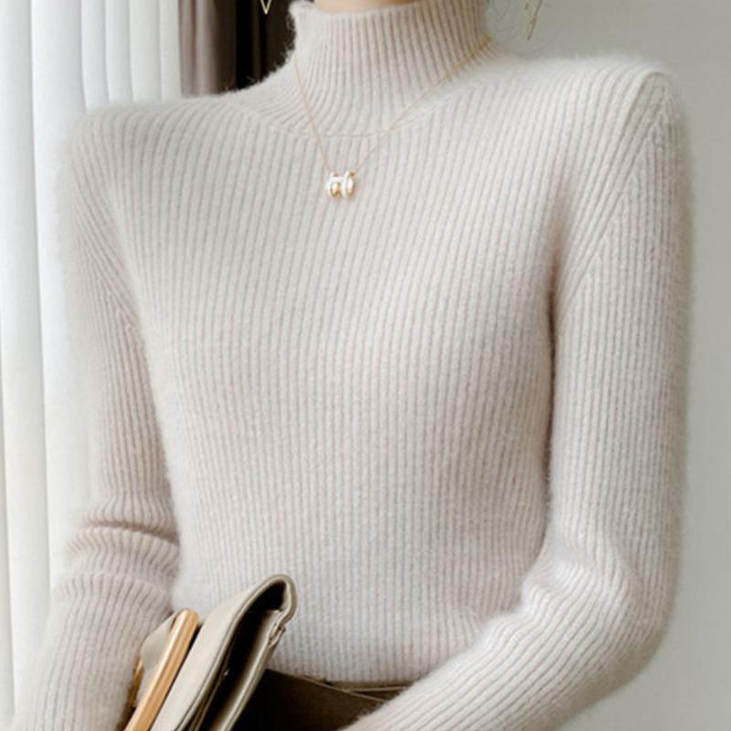 Damski Ciepły Sweter z Półgolfem w Delikatnym Różu Jesień Zima Dopasowany Warstwa Bazowa Top