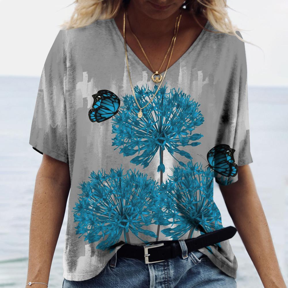 Summer V-neck 3D Flower Butterfly Printed Top Fashionable Casual Short Sleeved Women's T-shirts