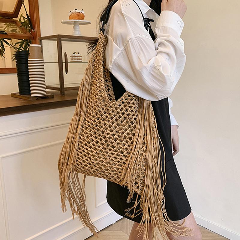 Yogodlns Fashion Long Tassel Shoulder Bag Thread Woven Women's Bag New Hollowed Out Handbag Summer Beach Vacation Bag
